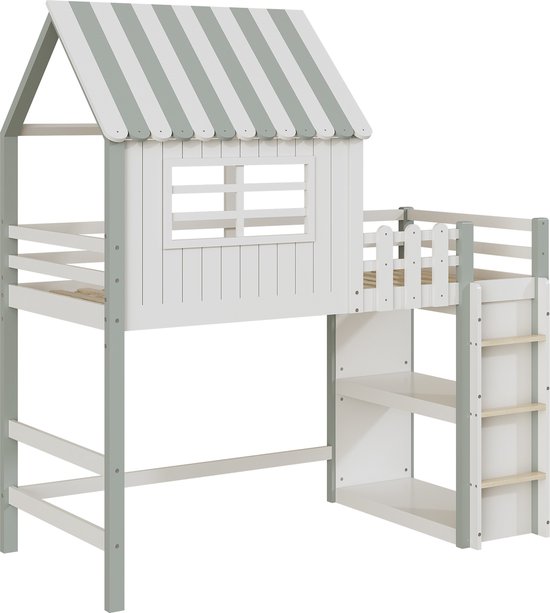 Sweiko Lit enfant 90x200 cm haut et bas Lit pour garçons et filles Lit Home Forme de toit avec échelle de sécurité avec compartiment de rangement Lit multifonctionnel Lit en bois Massief avec sommier à lattes Vert