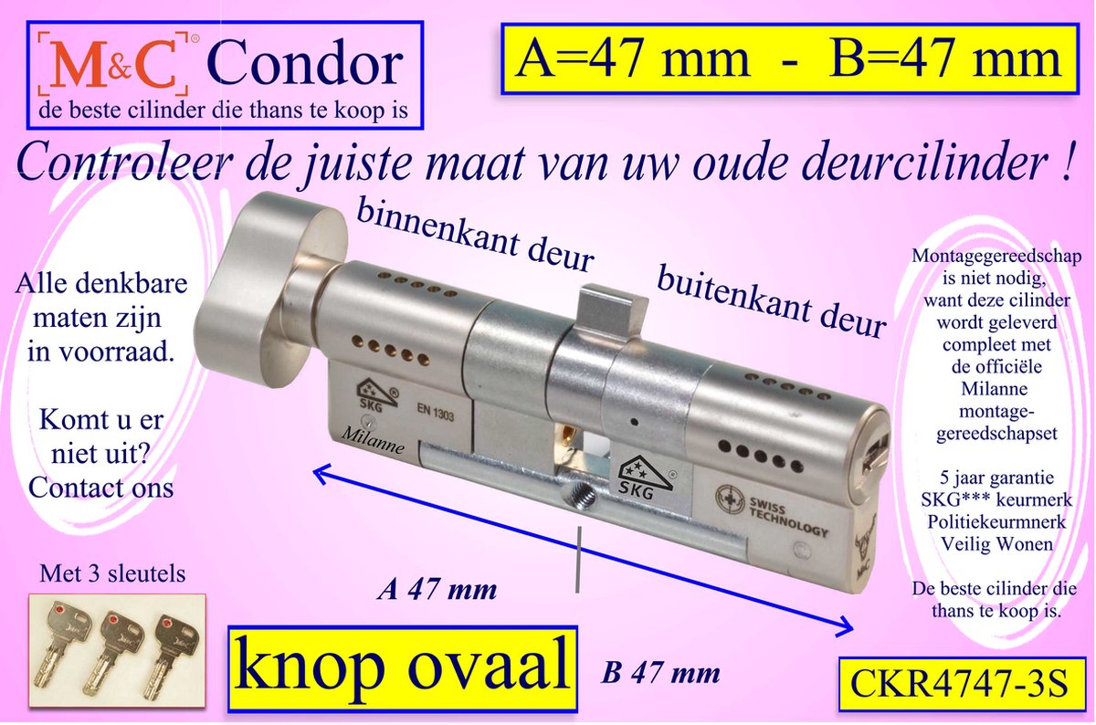 M&C Condor high security cilinderslot met Knop OVAAL 47x47 mm - SKG*** - Politiekeurmerk Veilig Wonen - inclusief gereedschap montageset
