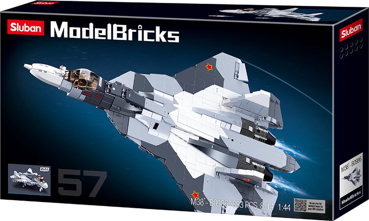 Sluban ModelBricks Straaljager SU-57 2-in-1 bouwspeelgoed kinderen vanaf 8 jaar – Constructiespeelgoed modelbouw gevechtsvliegtuig – bouwdoos met 893 bouwstenen M38-B0986 — afbeelding 2
