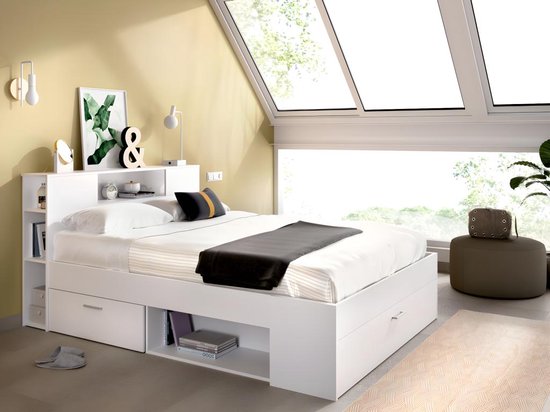 Bed LEANDRE met hoofdeinde, opbergruimte en lades - 140 x 190 cm - Kleur: wit L 218.5 cm x H 95 cm x D 149.6 cm
