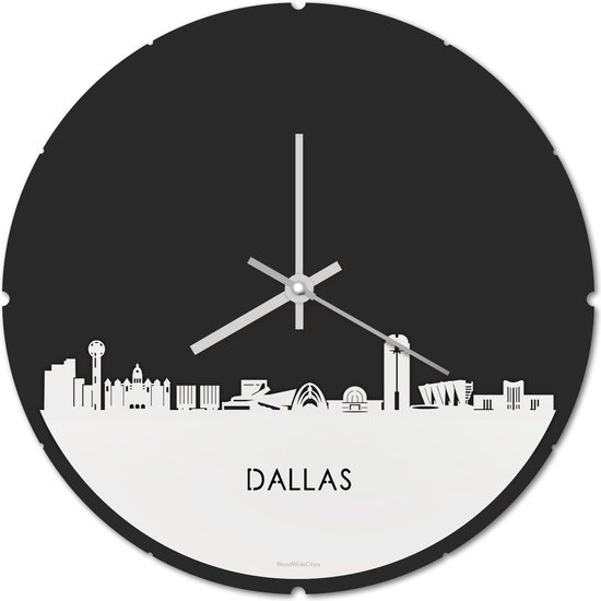 Skyline Klok Rond Dallas Wit Glanzend - Ø 44 cm - Stil uurwerk - Wanddecoratie - Meer steden beschikbaar - Woonkamer idee - Woondecoratie - City Art - Steden kunst - Cadeau voor hem - Cadeau voor haar - Jubileum - Trouwerij - Housewarming -