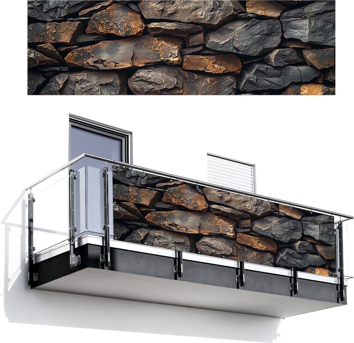 Balkonscherm 300x90 cm - Balkonposter Steenoptiek - Grijs - Bruin - Antraciet - Balkon scherm decoratie - Balkonschermen - Balkondoek zonnescherm
