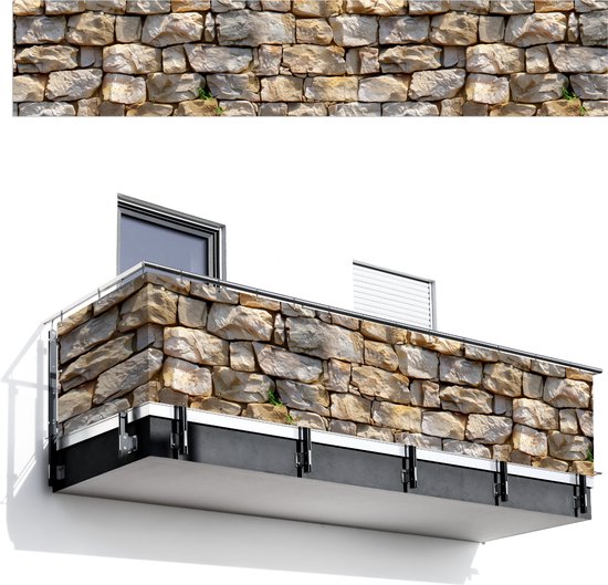 Balkonscherm 500x100 cm - Balkonposter Stenen - Beige - Grijs - Planten - Balkon scherm decoratie - Balkonschermen - Balkondoek zonnescherm