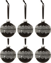 J-Line Doos Van 6 Kerstballen Suiker Midden Diamanten Lijn Glas Mat Zwart Small