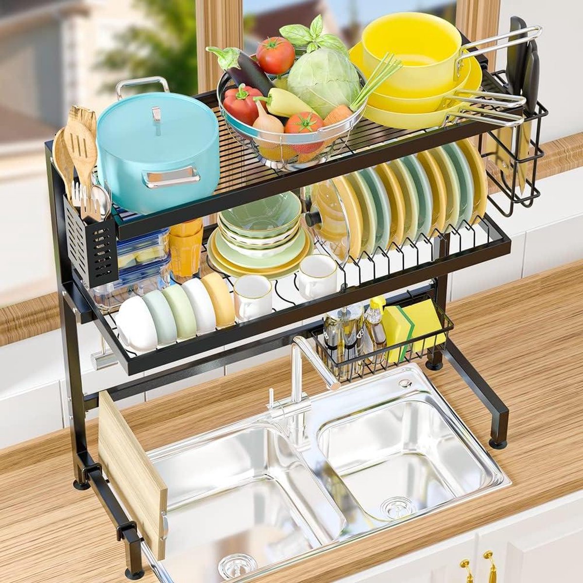 Goedkoopste Afdruiprek boven de gootsteen met 3 niveaus - Multifunctioneel en roestvrij - Keukenorganizer en toonbankopslag - Lengte 65cm Zwart Dish Drainer