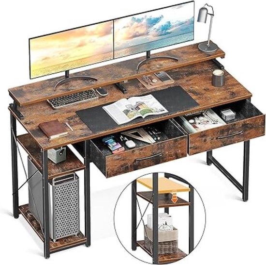 SHOP YOLO-computerbureau-met planken- 2 laden-120 x 50 x 87 cm-monitorstandaard-bureautafel met boekenkast-kantoortafel voor thuiskantoor-rustiek bruin