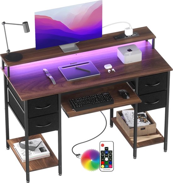 Moderne Bureau met Stopcontacten en LED - 120x50cm Gaming Computertafel met Toetsenbordlade en Opbergruimte