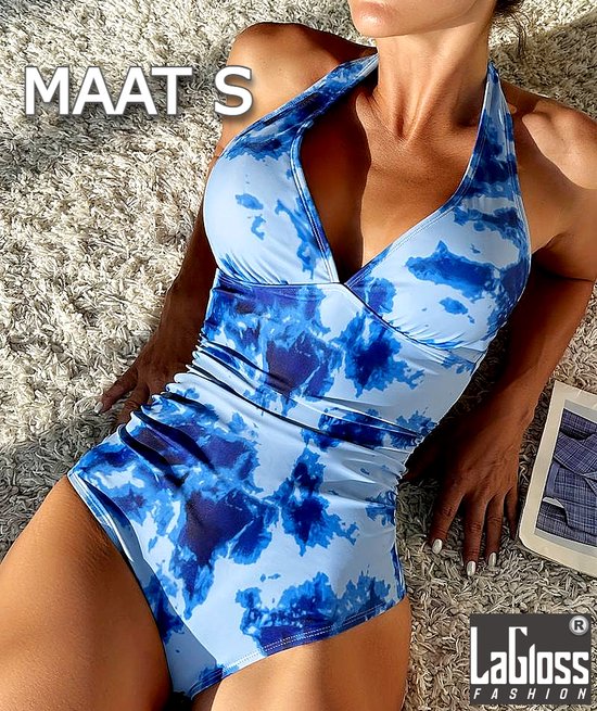 LaGloss® Zomers Dames Badpak met Tye-dye print - blauw - elegant - beach swimsuit - strand badpak zwembad - Maat S %%