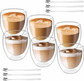 Set van 6 dubbelwandige espressokopjes 80 ml, koffieglazen met 6 lepels, latte macchiato-glazen, cappuccinokopjes, koffiekopjes, dubbelwandige thermoglazen