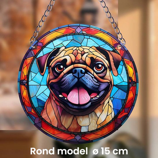 Raamhanger Raamdecoratie Bulldog Hond - Kleurige Zonnevanger Rond Acryl met Ketting - Honden - Suncatcher Rond model 15 cm %%