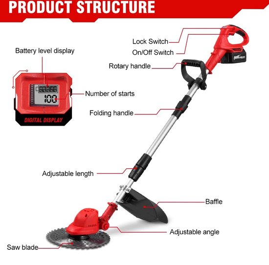 Grasmaaier - Grastrimmer - Incl 2 Accu´s & Oplader - Onkruid - Maaier - Kantelmaaier - Rood — afbeelding 4