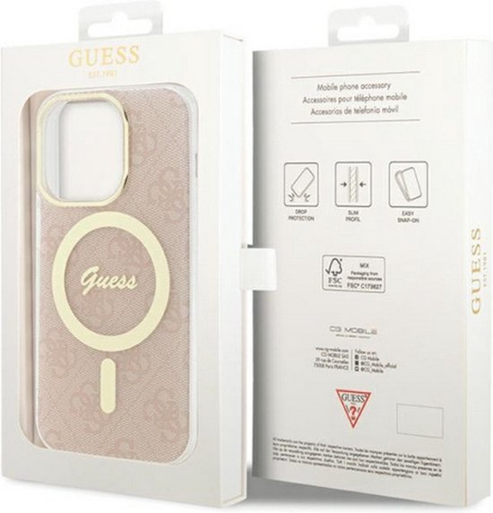 Coque Guess rose à motif logo dans son emballage, compatible MagSafe.