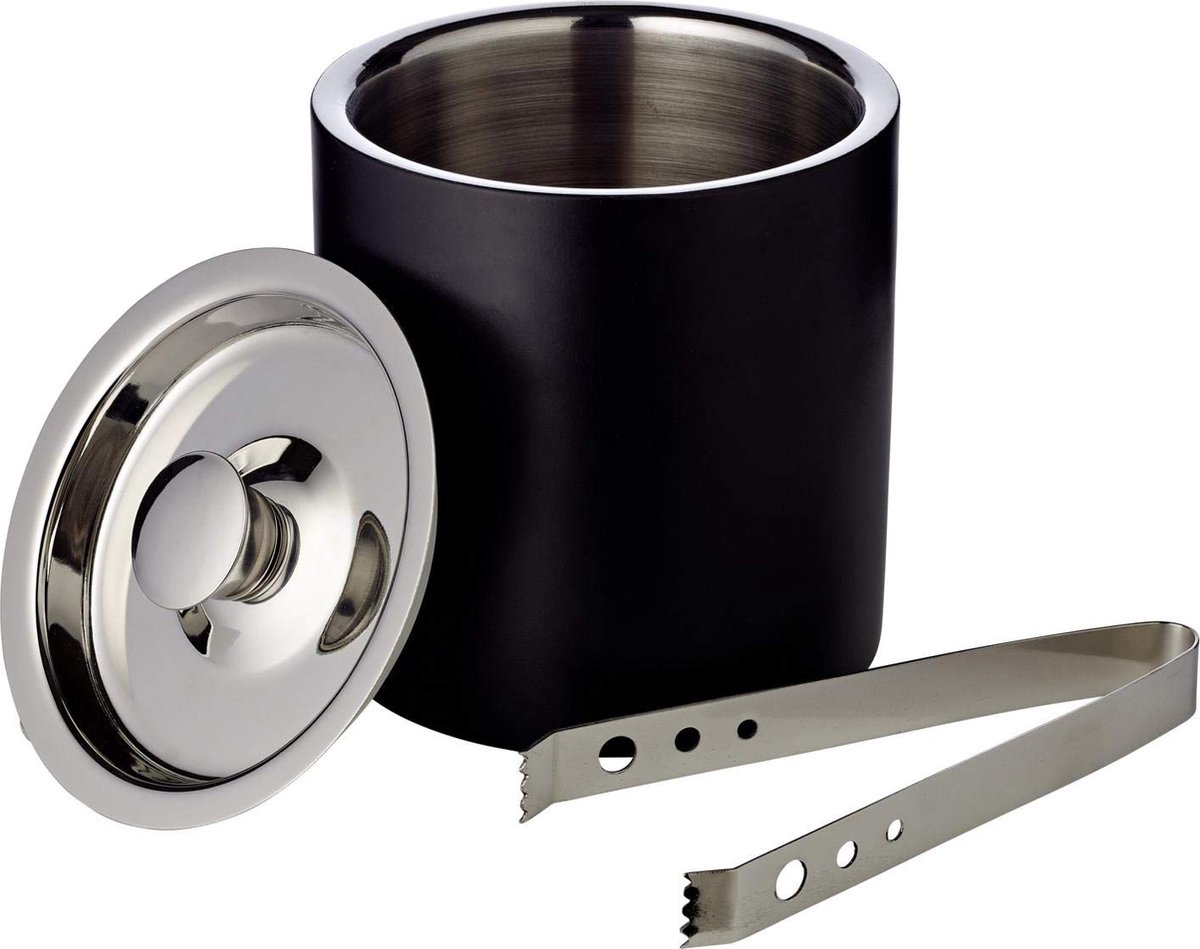 EDZARD ijsemmer Pearl, dubbelwandig, ijsblokbakje met deksel, hoogte 16,5 cm, ijskoeler hoogglanzend gepolijst roestvrij staal in matzwart (voor ijsblokjes incl. roestvrij stalen ijstang)