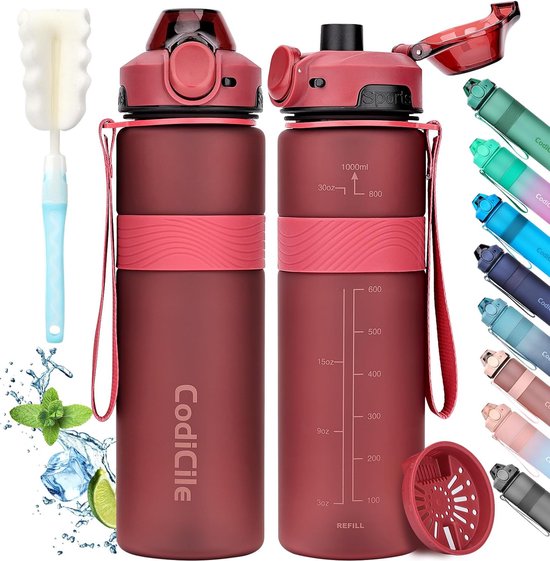 waterfles Water Bottle, 1L BPA Free Water Bottle, Leakproof Drinking Bottle, Large Sports Bottle, Great for Gym, School, Office and Travel (Red)