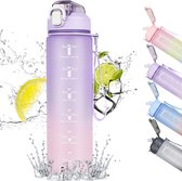 waterfles Motivational Water Bottle, 1 Litre Sports Water Bottle with Straw and Time Markers, Leak-Proof Time Water Bottle with BPA Free Lid for Sports, Gym, Office (Purple)
