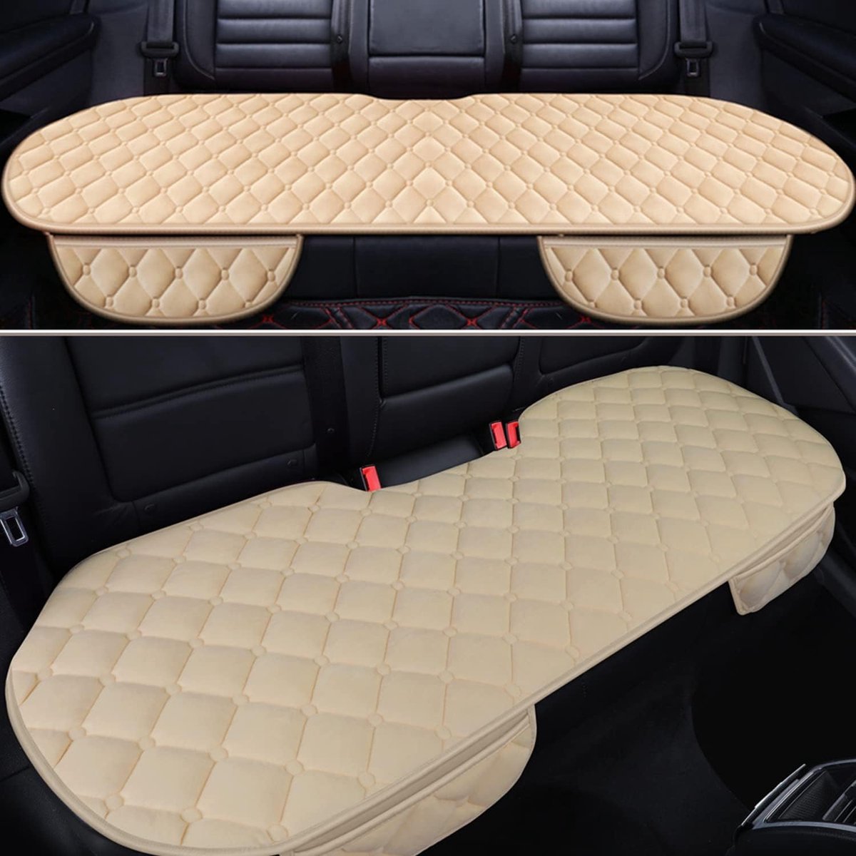 Autostoelkussen, universeel, pluche, zitkussen, stoelbekleding, auto voor voorstoelen, achterbank, autovoertuig, stoelbeschermer (1 achterbankhoes, beige)