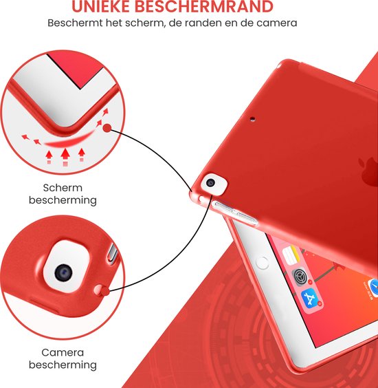Detail van rode iPad hoes die scherm en camera beschermt.