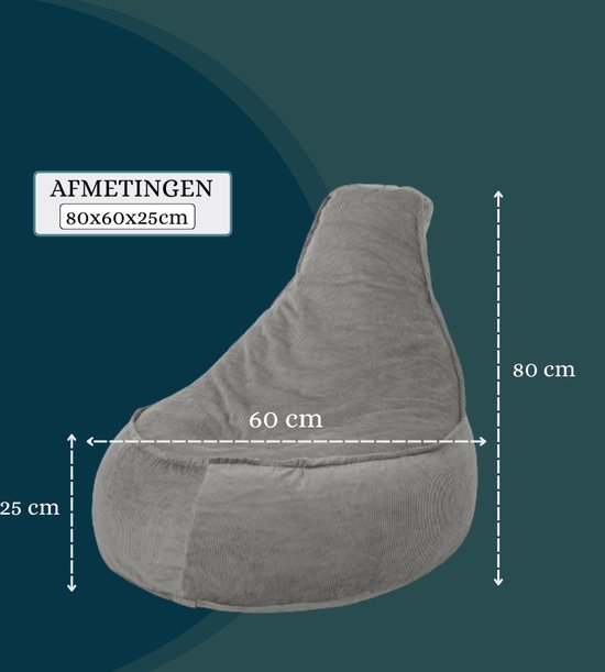 Afmetingen van de grijze zitzak: 80 cm hoog, 60 cm breed en 25 cm diep.