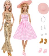 Poppenkleertjes - Geschikt voor Barbie - Set van 2 outfits met accessoires - Jurk, broek, top, schoenen, hoed, sieraden - Cadeauverpakking
