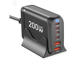 De Beste Gadgets 200w GAN3 Oplader- Bureau Oplader - Desktop Oplader - Oplaadstation - Snellader - Power adapter - USB-C Oplader - Universele Oplader - Geschikt voor iPhone, iPad, Laptop en Tablet