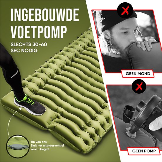 Kochar Slaapmat zelfopblazend - Slaapmat met ingebouwde voetpomp & hoofdkussen - Extra groot formaat - Camping matras - Slaapmatje - Groen van Kochar — afbeelding 2