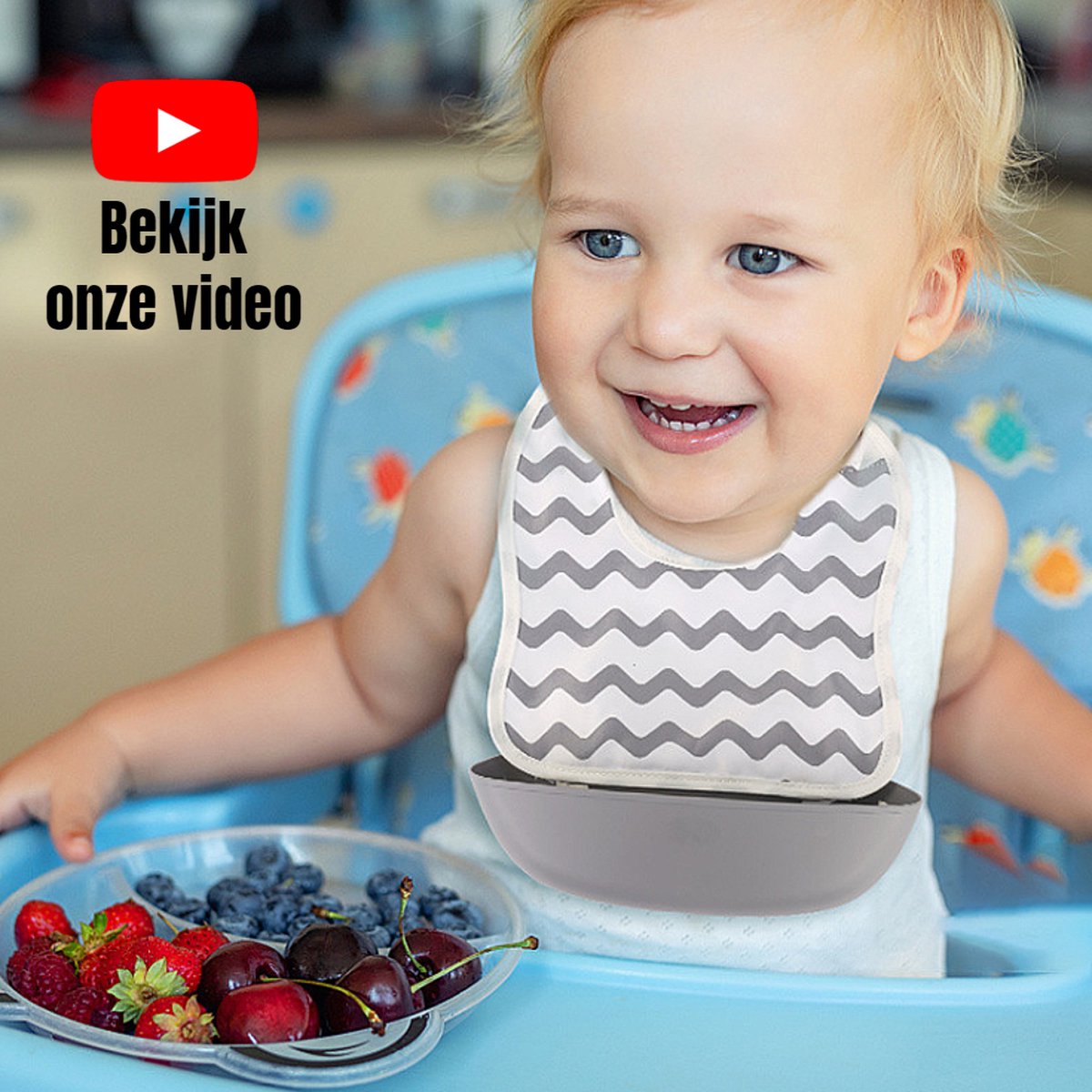 Goedkoopste Allernieuwste.nl® 2 STUKS UNIEKE Gestreepte Babyslabbertjes met LOSSE Opvangschaal, Vuilafstotend en Vlek- en Waterafstotend - Oprolbaar Kinder Slabbertje - 2 STUKS Grijs en Blauw Gestreept