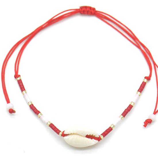 Kralenarmbandje - touw - verstelbaar – schelp - rood – wit - goudkleurig - zomer - hip - vakantie – festival – vrouwen