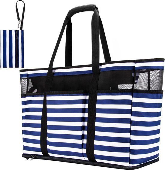 Vomgomfom Extra grote strandtas, XXL familie, badtas XXL, voor familie, waterdicht met neuszak en flesopener, strandtas, zomertas, voor strand, zwembad, fitnessstudio, reizen, zwart-wit-strepen, One Size