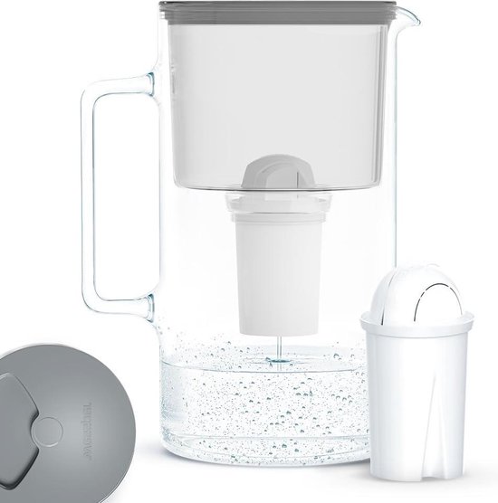 Foto: Glazen waterfilter karaf compatibel met brita classic waterfilter patronen vermindert kalk chloor en zware metalen 2 5 liter grijs waterfilter