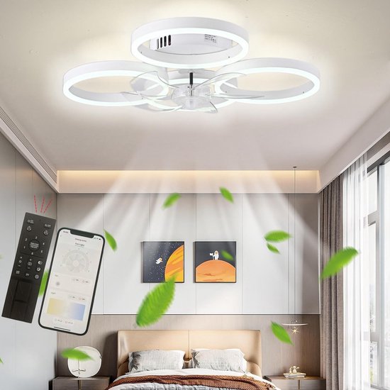 4 Ring Ventilator | Moderne Ringen LED Ventilator | Smart Lamp | 60 cm | Wit | Bedienbaar Met Afstandsbediening & APP | Kroonluchter | Plafoniere Ventilator