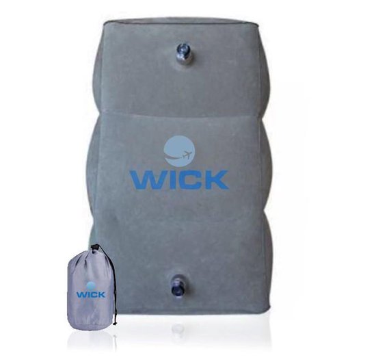 Grijs opblaasbaar vliegtuigbedje met WICK logo en opbergzakje.