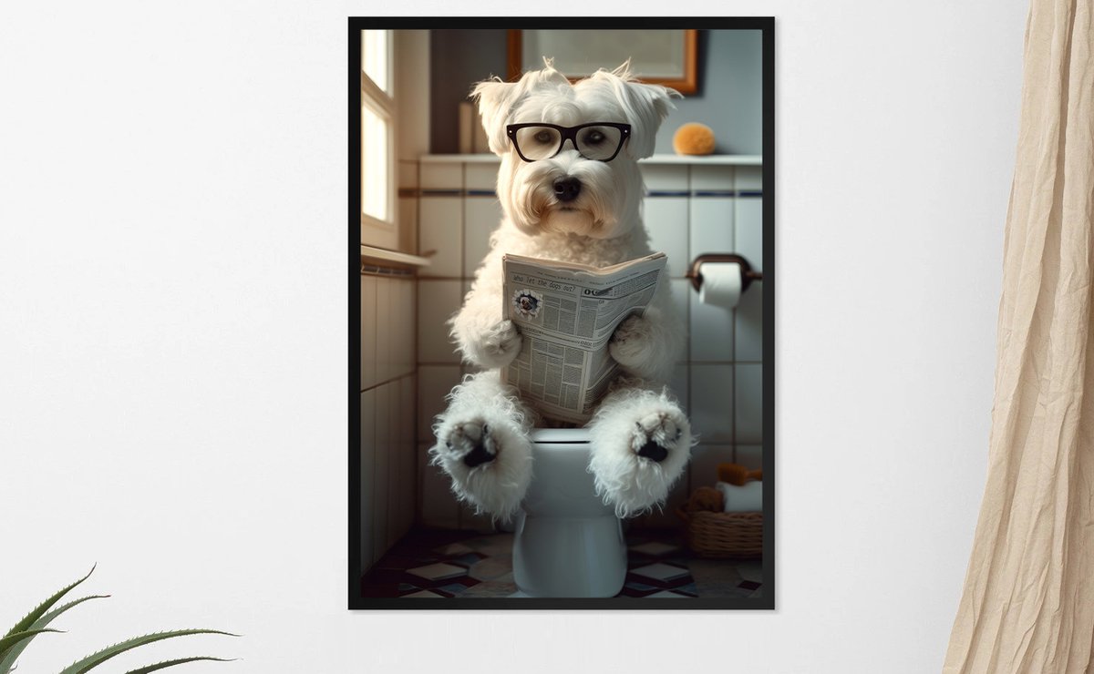 Toilet Canvas Poster Hond Lezen Krant Print Schilderen Moderne Dier Muur Art Foto Voor Badkamer Toilet Decoratie 60x85cm (24x34in) Withframe