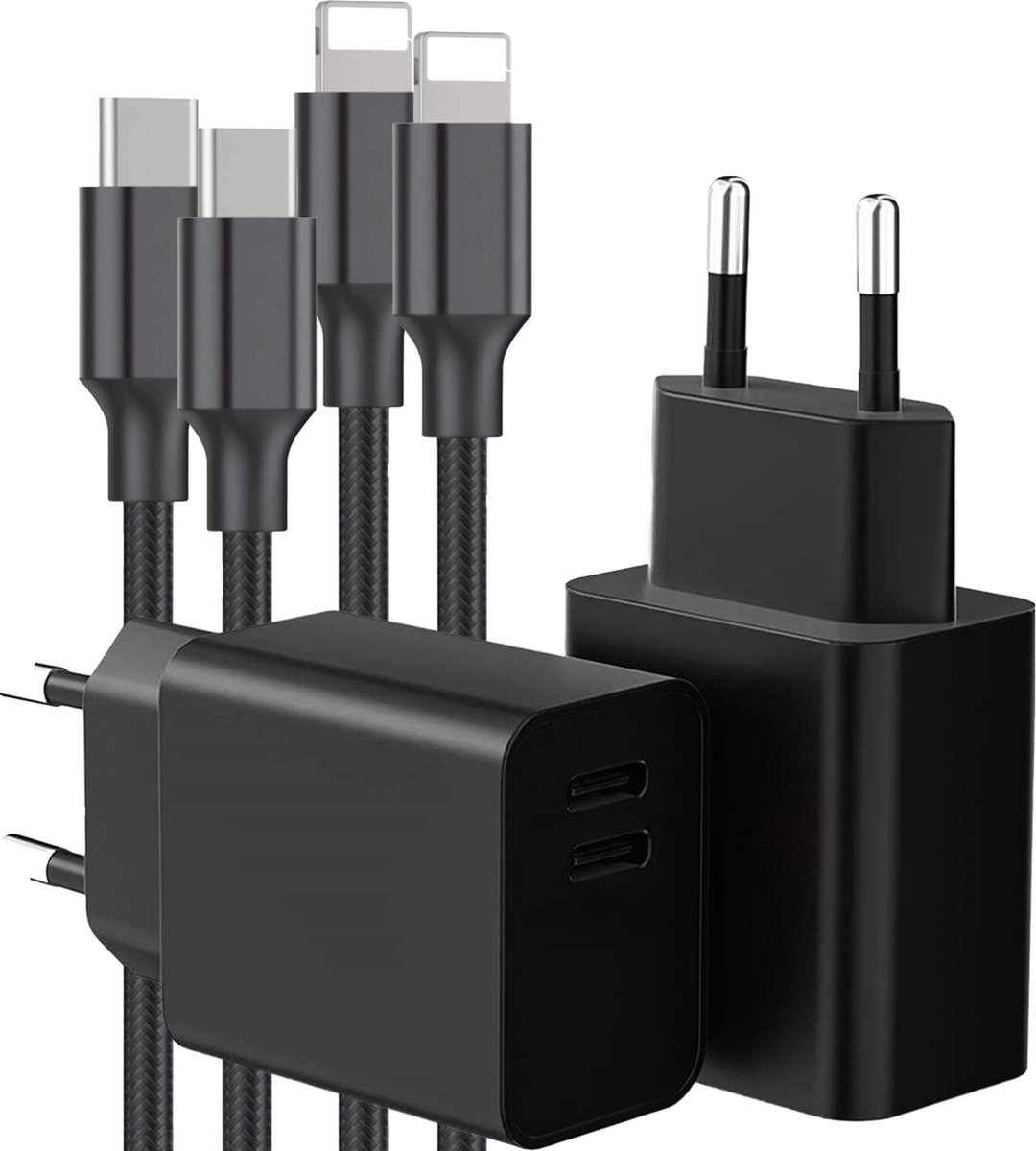 USB C Adapter - Snellader Geschikt voor iPhone en iPad - Nylon Gevlochten - 2 Meter - Oplaadkabel - GaN Oplader - USB C + USB C - 35W Vermogen - Incl. Lightning Kabel - 2 Kabel PACK - Stekkerblok - Zwart