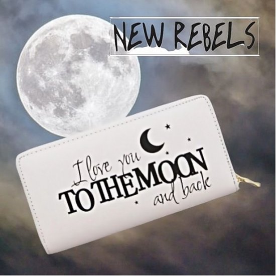 New Rebels - Hippe Grote Portemonnee met tekst - Wit - I love you to the moon and back - 19x11x3,5 cm - zwarte tekst - skai-leder - met ritsen - Unisex - volwassenen - casual