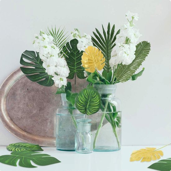 RHQFDM Kunstpalmbladeren, 48 stuks, tropische bladeren, decoraties, Monstera-bladeren, groene palmbladeren voor Hawaï-strandthema. Tropische jungle-feestdecoraties (6 maten