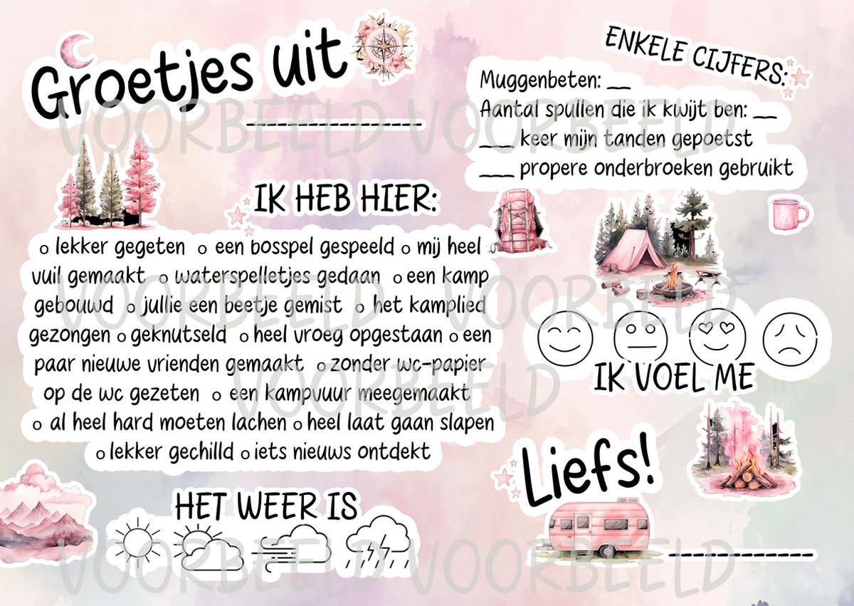 Kampkaartjes Watercolor Pink - Pakket met 8 kaartjes voor op kamp - kampbriefjes - brieven van op kamp - WATERCOLOR PINK