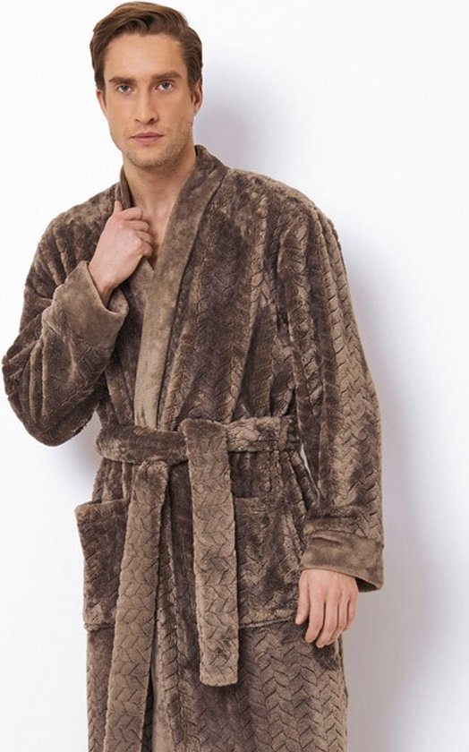 Luxe kimono heren – taupe kimono – reliëfpatroon - zacht - extra lange badjas voor heren – luxury bathrobe – 100% fleece – maat S