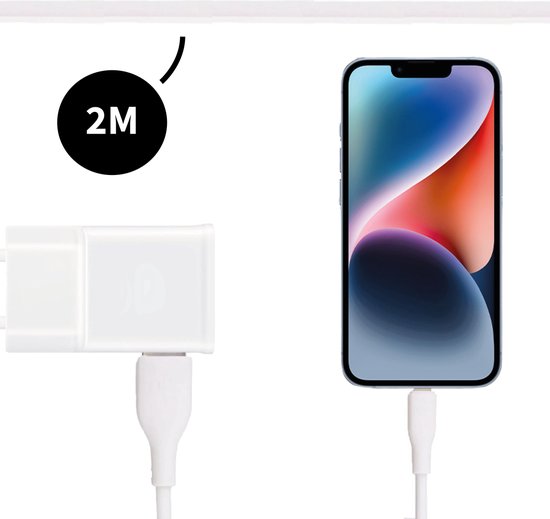 Chargeur de charge rapide - Chargeur rapide adapté pour iPhone et iPad - Matériau TPE - 2 mètres - Câble de charge - Alimentation 15 W - Adaptateur USB - Incl. Câble Lightning - Chargeur Fast adaptatif - Bloc de prise - Wit