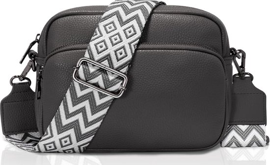 Crossbody tas voor dames - Donker grijs - 22 x 16 x 8 cm - Met aztec schouderriem - Schoudertas voor vrouwen - Verstelbare schouderband - Handtas met ritsen - Waterbestendig - Zilveren hardware - Telefoontas - Festivaltas - PU leer