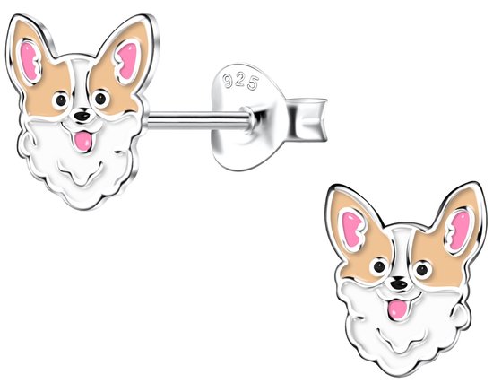 Joy|S - Zilveren hond oorbellen - wit beige met roze in de oortjes - 7 x 8 mm - kinderoorbellen