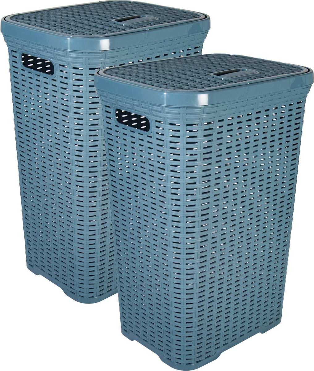 Goedkoopste Hega Hogar Wasmand met deksel Rotan - 2x - denim blauw - gevlochten kunststof - 60 liter - 34 x 43 x 62 cm