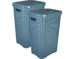 Hega Hogar Wasmand met deksel Rotan - 2x - denim blauw - gevlochten kunststof - 60 liter - 34 x 43 x 62 cm