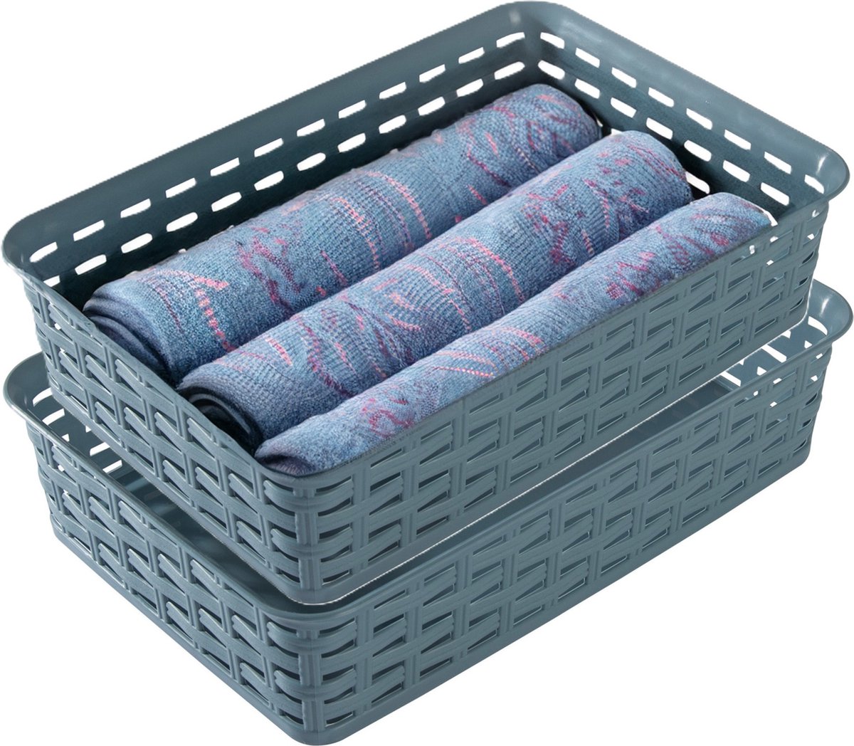 Hega Hogar Opbergmandje/ladeverdeler - 2x - denin blauw - 2 liter - kunststof - 17 x 25 x 6 cm - kleine opslag bakjes - manden