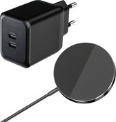 USB C Adapter - Snellader Magnetisch Geschikt voor MagSafe, iPhone en Samsung - 35W Vermogen - Dubbele USB C Poort - Draadloze Oplader - Draadloos 15W Vermogen - Zwart