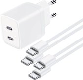 USB C Adapter - Snellader Geschikt voor Samsung Telefoon en Tablet - USB C naar USB C Kabel - 1 Meter - Oplaadkabel - GaN Oplader - Dubbele USB C Poorten - 45W Vermogen - Incl. USB C Kabel - 2 Kabel PACK - Stekkerblok - Wit