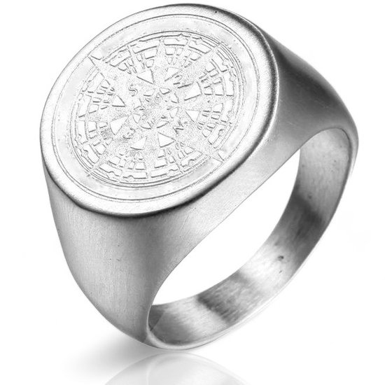 Kompas Zegelring Heren Zilver kleurig met Gravering - Staal - Ring Ringen - Cadeau voor Man - Mannen Cadeautjes
