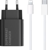 USB C Adapter - Snellader Geschikt voor iPhone en iPad - 1 Meter - Oplaadkabel Wit - GaN Oplader - 30W Vermogen - Incl. Lightning Kabel - Stekkerblok - Zwart