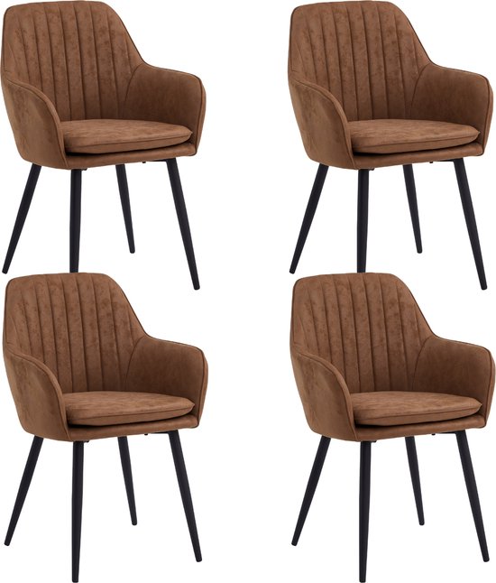 Colenis® - Chaise de salle à manger Lavinia - Lot de 4 - Cognac - Microfibre - Avec accoudoirs
