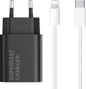 USB C Adapter - Snellader Geschikt voor iPhone en iPad - 2 Meter - Oplaadkabel Wit - GaN Oplader - 30W Vermogen - Incl. Lightning Kabel - Stekkerblok - Zwart