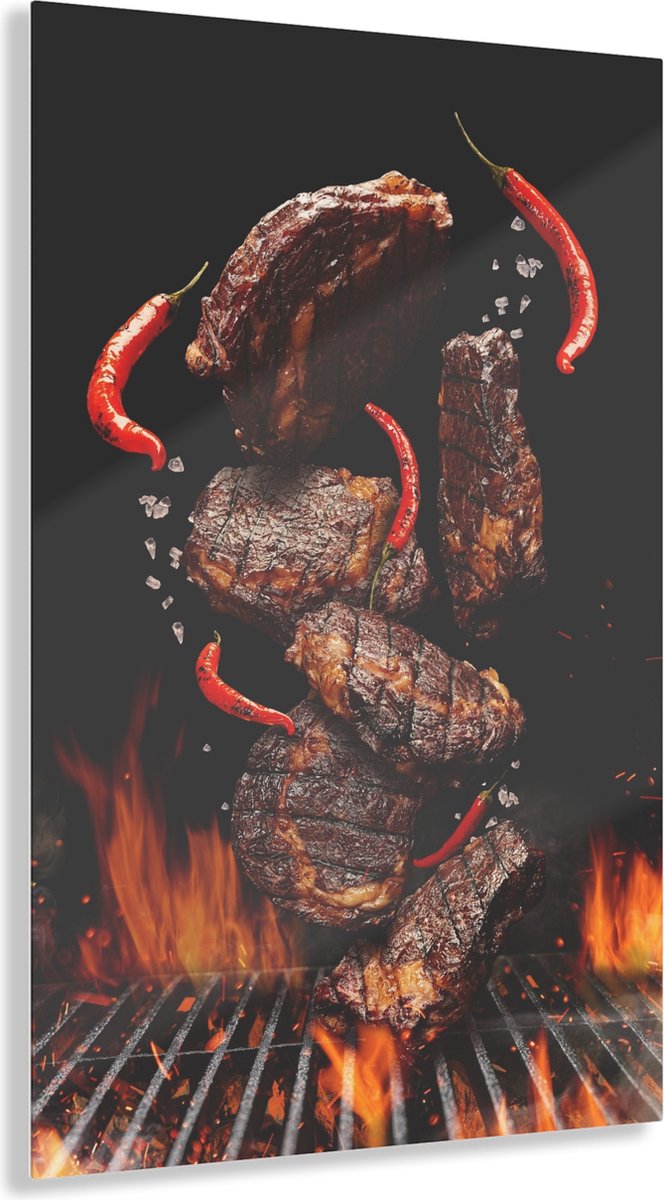 Indoorart - Glasschilderij vlees boven barbecue 40x60 CM - Afbeelding op plexiglas - Inclu